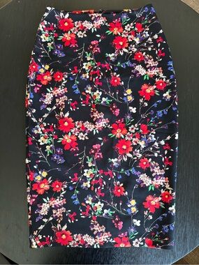 Express Black Pencil Skirt with Red Floral Print
